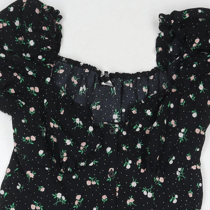 Divided by H&M Womens Black Floral Polyester A-Line Size 14 Square Neck Button