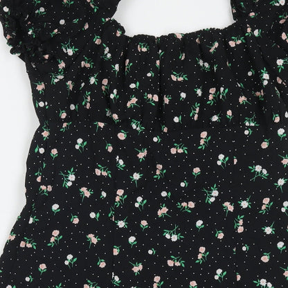 Divided by H&M Womens Black Floral Polyester A-Line Size 14 Square Neck Button