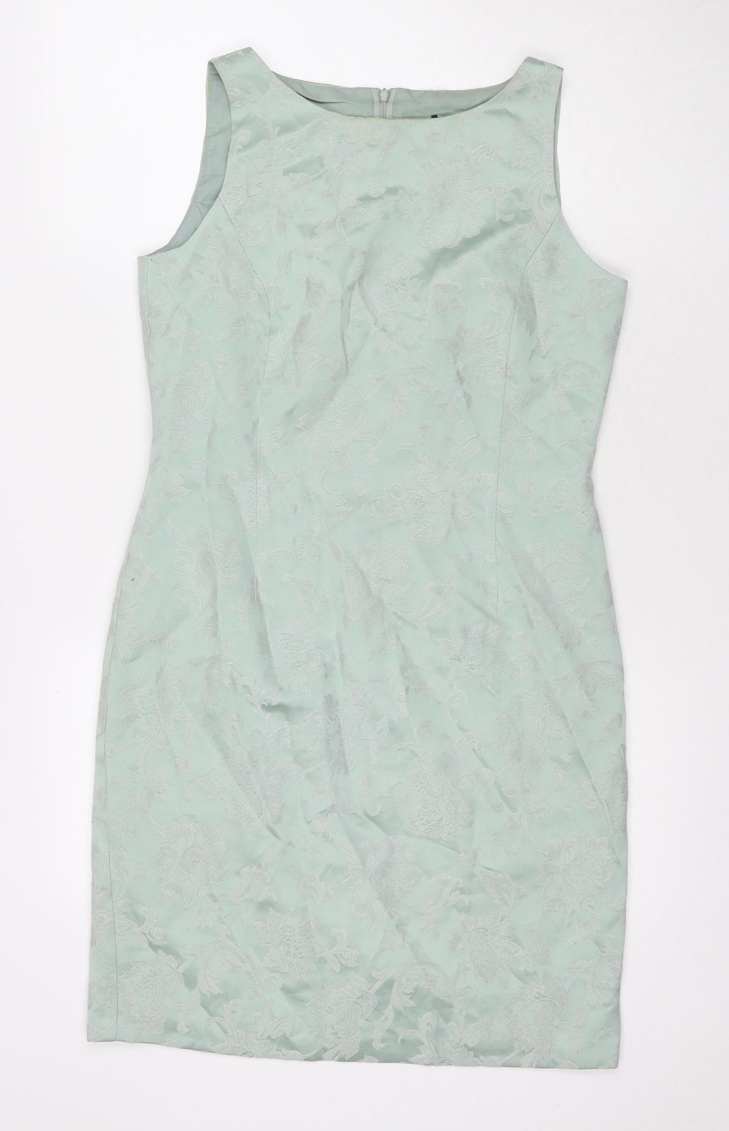 Made in Womens Green Floral Viscose A-Line Size 12 Round Neck Zip