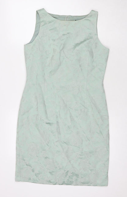 Made in Womens Green Floral Viscose A-Line Size 12 Round Neck Zip