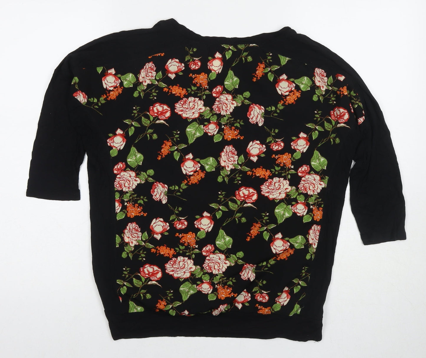 FOREVER 21 Womens Black Floral Viscose Basic Blouse Size M Round Neck