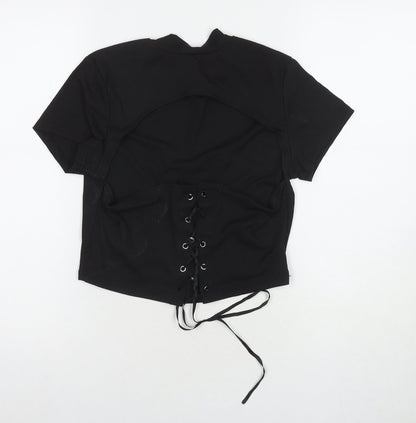 ROMWE Womens Black Polyester Basic T-Shirt Size L Round Neck - Cut Out Back Detail