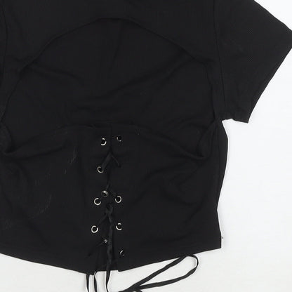 ROMWE Womens Black Polyester Basic T-Shirt Size L Round Neck - Cut Out Back Detail