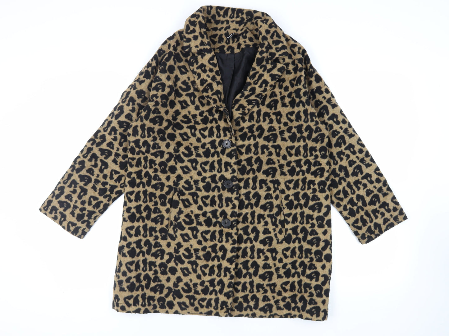 Nasty Gal Womens Beige Animal Print Overcoat Coat Size L Button - Leaf Print