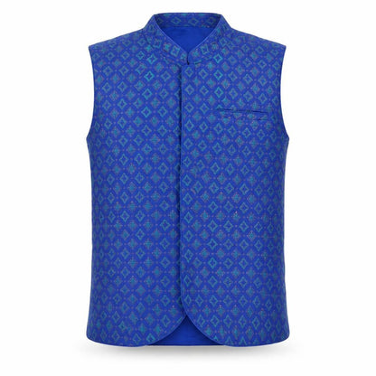Front view of Fabindia boys’ blue geometric jacket waistcoat, size 10-11, years button