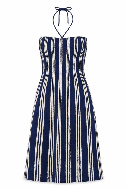 Pebble Bay Womens Blue Striped Viscose Shift Size M Off the Shoulder Tie