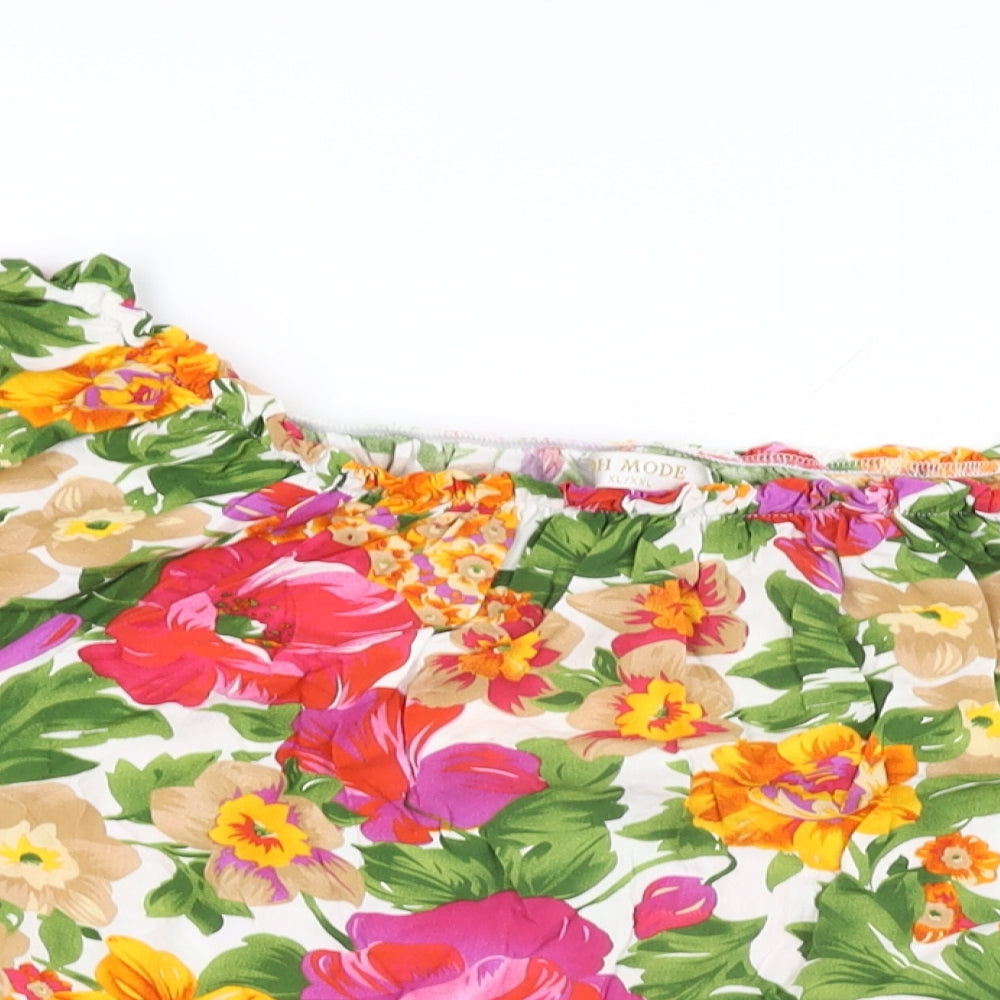 DH Mode Womens White Floral Cotton Basic T-Shirt Size XL Round Neck