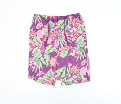 Marks and Spencer Womens Purple Floral Linen A-Line Skirt Size 10 Zip