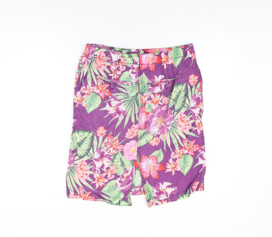 Marks and Spencer Womens Purple Floral Linen A-Line Skirt Size 10 Zip