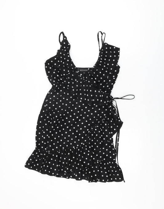PRETTYLITTLETHING Womens Black Polka Dot Polyester Wrap Dress Size 8 V-Neck Tie