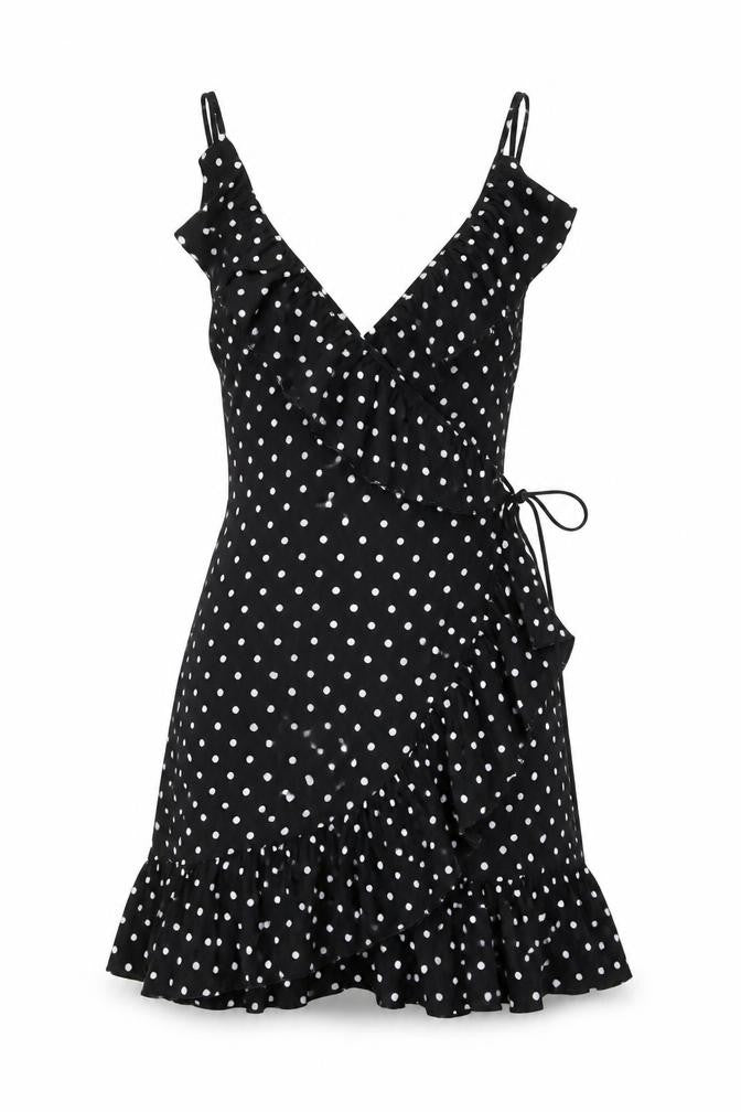 PRETTYLITTLETHING Womens Black Polka Dot Polyester Wrap Dress Size 8 V-Neck Tie