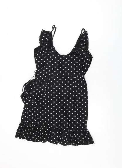 PRETTYLITTLETHING Womens Black Polka Dot Polyester Wrap Dress Size 8 V-Neck Tie