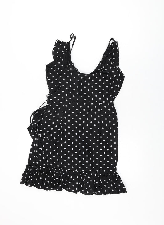 PRETTYLITTLETHING Womens Black Polka Dot Polyester Wrap Dress Size 8 V-Neck Tie