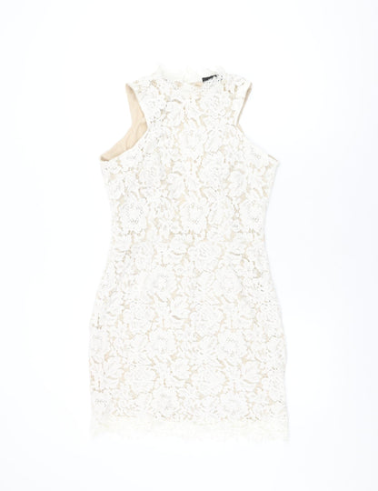 Missguided Womens White Floral Polyester Bodycon Size 10 Round Neck Zip