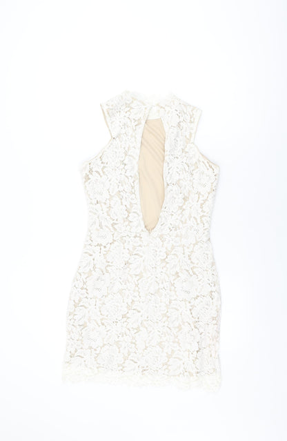 Missguided Womens White Floral Polyester Bodycon Size 10 Round Neck Zip