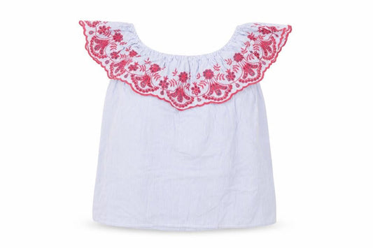 Front view of Red Herring women’s blue striped cotton basic t-shirt, size UK 8, off the shoulder