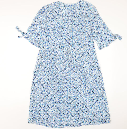 Adini Womens Blue Geometric Viscose A-Line Size L Round Neck Zip