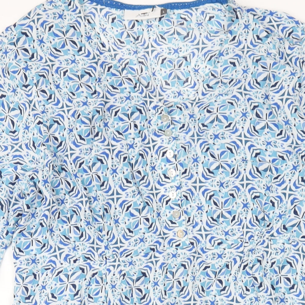 Adini Womens Blue Geometric Viscose A-Line Size L Round Neck Zip