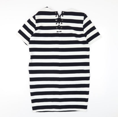 FRNCH Womens Blue Striped Polyester A-Line Size M Round Neck Pullover