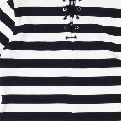 FRNCH Womens Blue Striped Polyester A-Line Size M Round Neck Pullover
