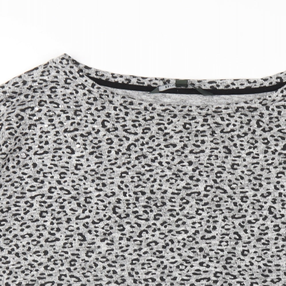 Bonmarché Womens Grey Animal Print Viscose Basic T-Shirt Size 14 Round Neck