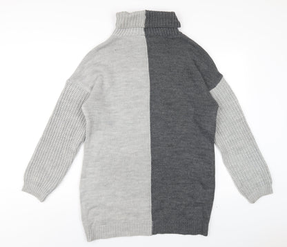 PRETTYLITTLETHING Womens Grey Acrylic Jumper Dress Size S Roll Neck Pullover