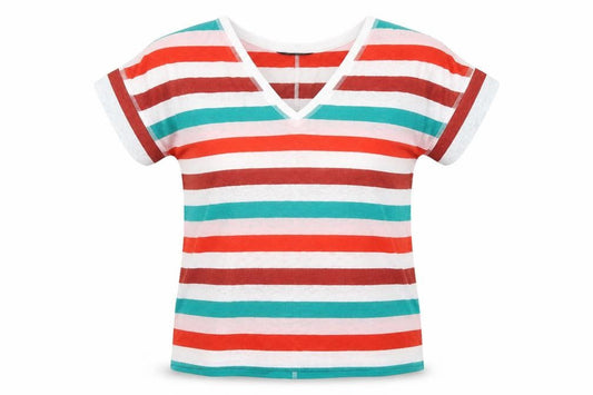 Marks & Spencer Womens Multicoloured Striped Linen Basic T-Shirt Size 8 V-Neck