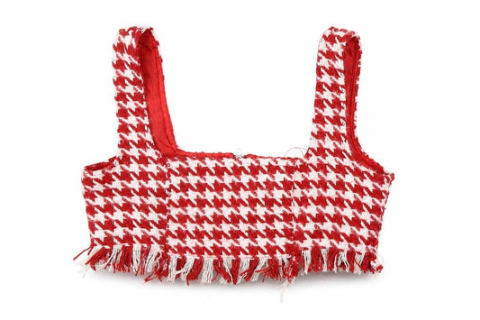 Front view of Missguided women’s red geometric polyester cropped tank, size UK 8, square neck