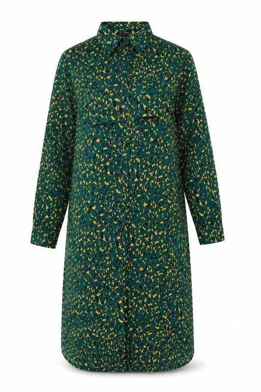 Front view of I SAW IT FIRST women’s blue animal print polyester shirt dress, size UK 10, collared button