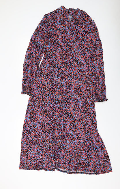 M&Co Womens Multicoloured Floral Polyester A-Line Size 12 Mock Neck Button