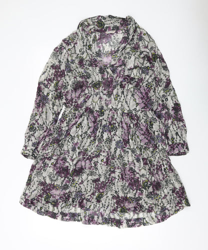 Indigo Womens Grey Floral Polyester A-Line Size 12 Collared Button