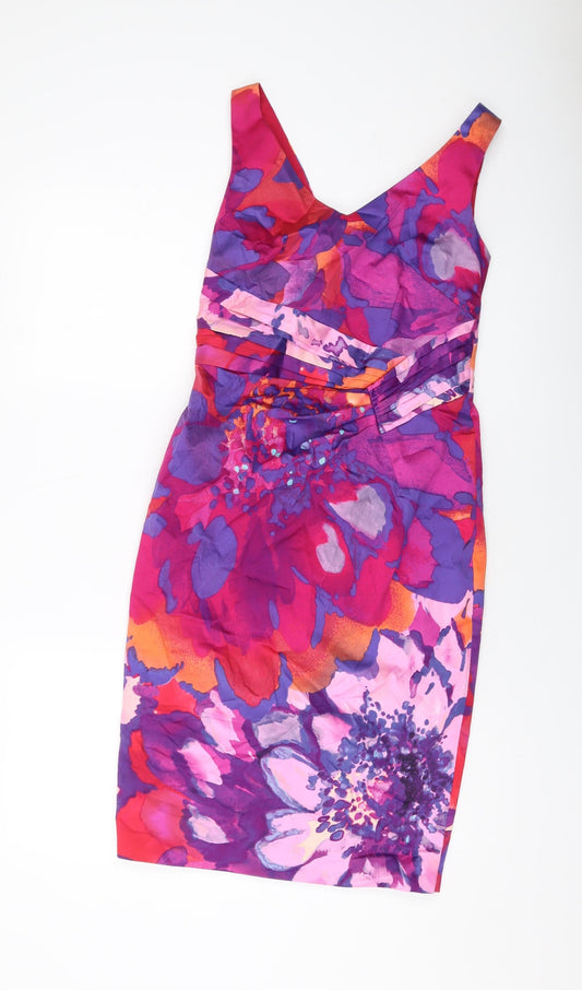 Coast Womens Multicoloured Geometric Cotton Sheath Size 10 V-Neck Zip