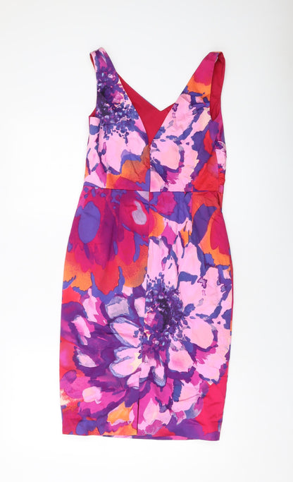 Coast Womens Multicoloured Geometric Cotton Sheath Size 10 V-Neck Zip