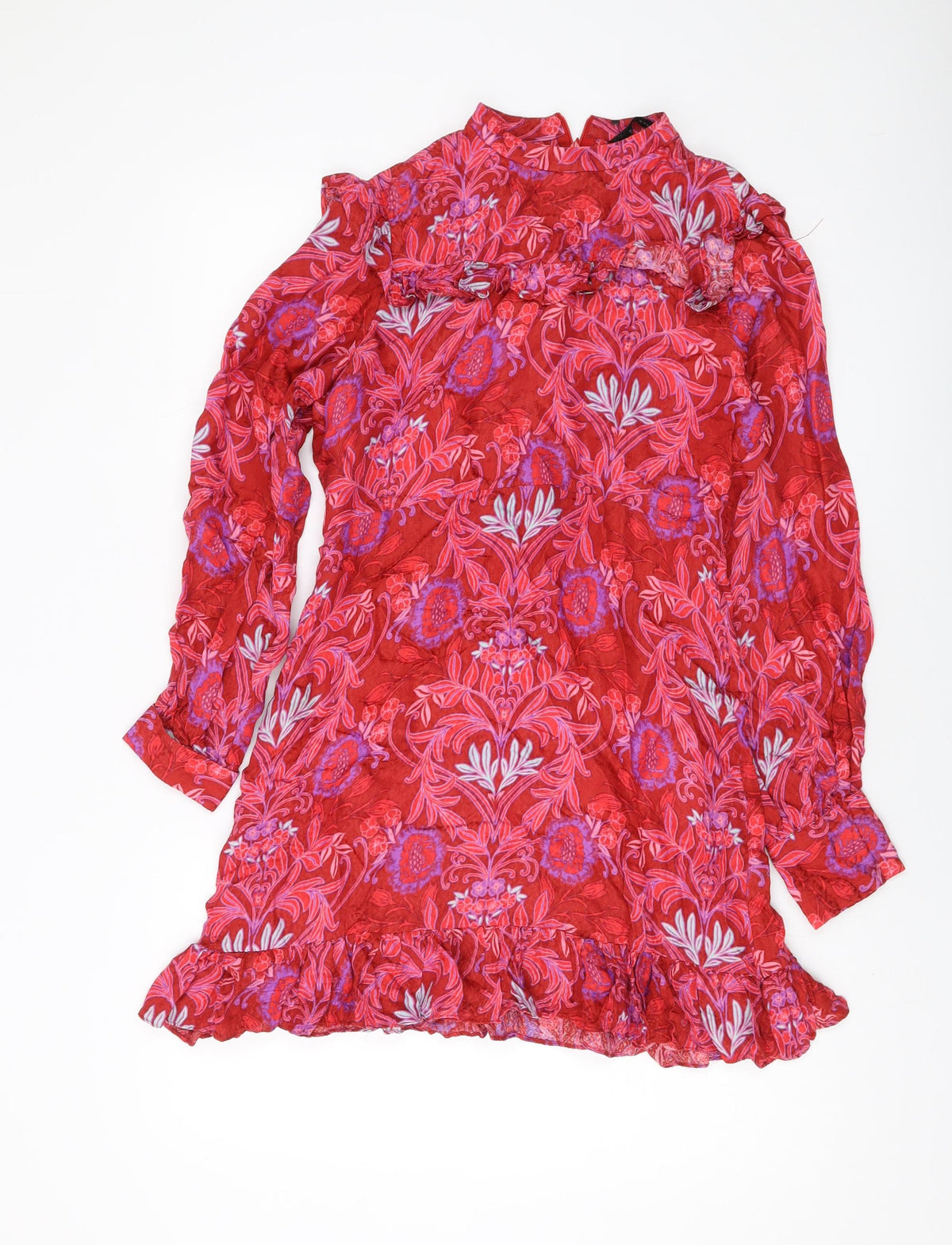 Zara Womens Red Geometric Polyester A-Line Size S Mock Neck Zip