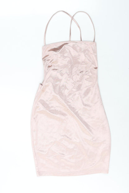 Boohoo Womens Pink Polyester Bodycon Size 10 Square Neck Lace Up