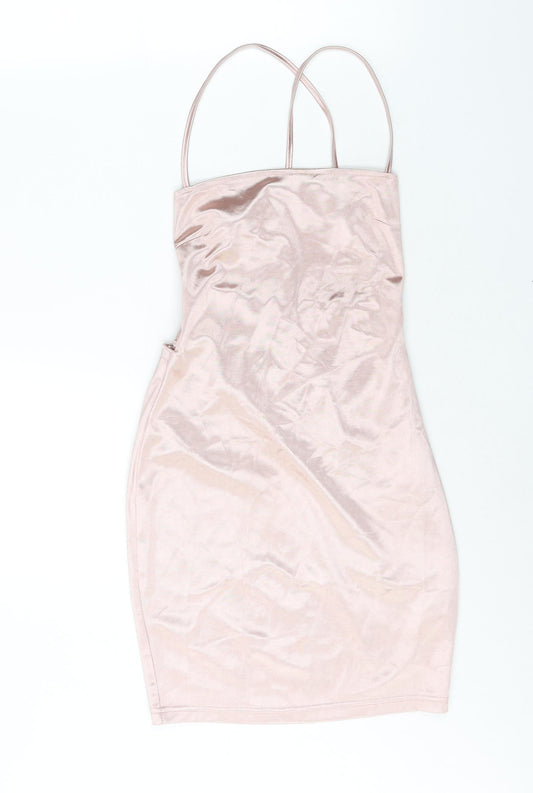 Boohoo Womens Pink Polyester Bodycon Size 10 Square Neck Lace Up