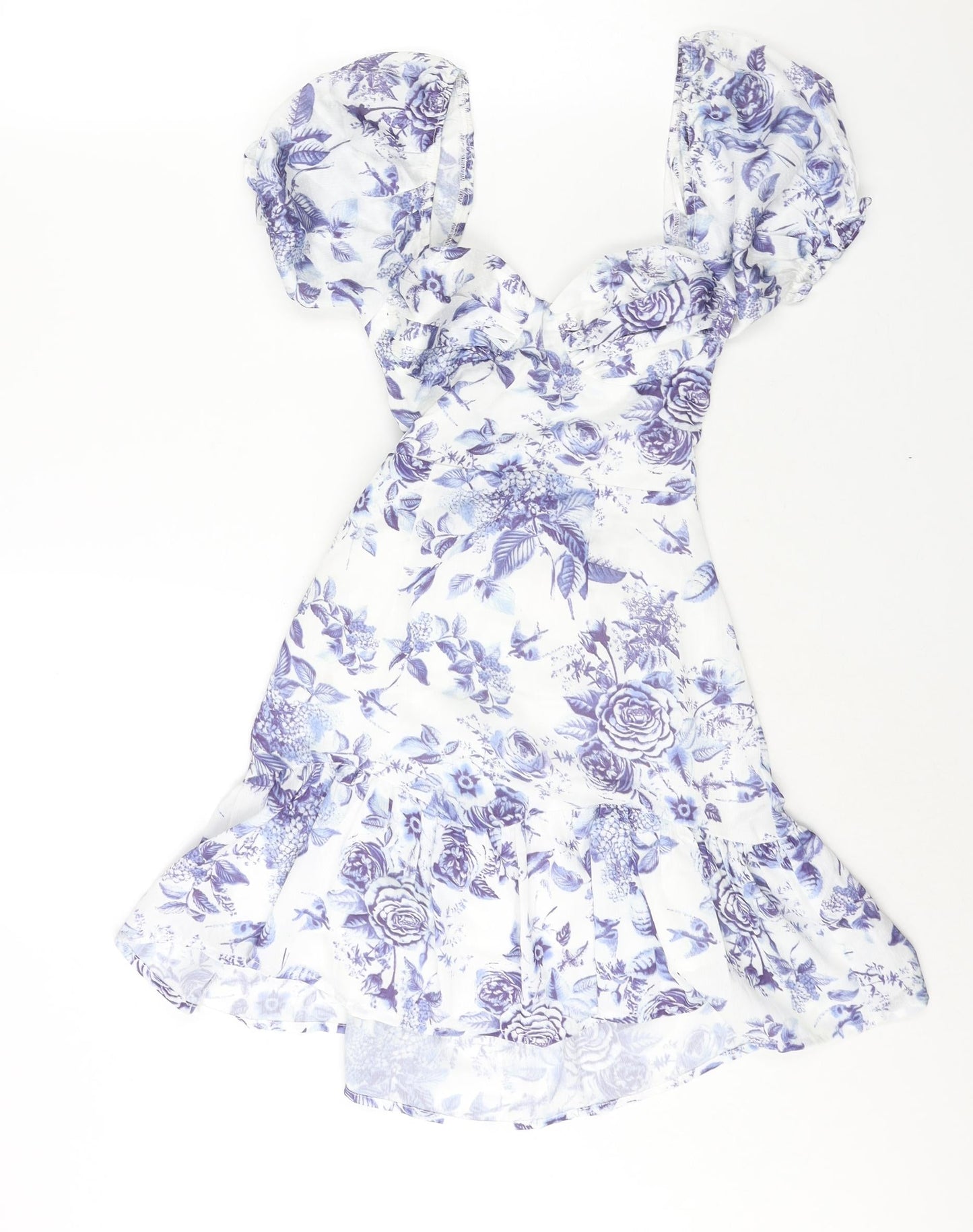 Love Triangle Womens Blue Floral Polyester A-Line Size S Sweetheart Zip - Lace Up Back Frill