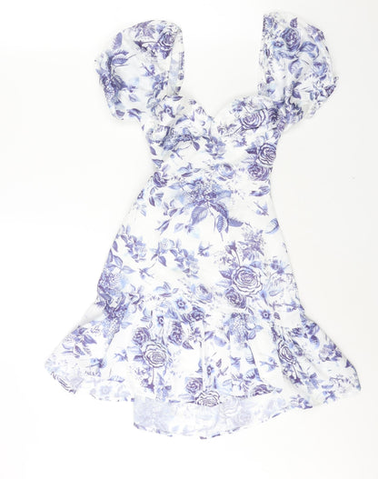 Love Triangle Womens Blue Floral Polyester A-Line Size S Sweetheart Zip - Lace Up Back Frill