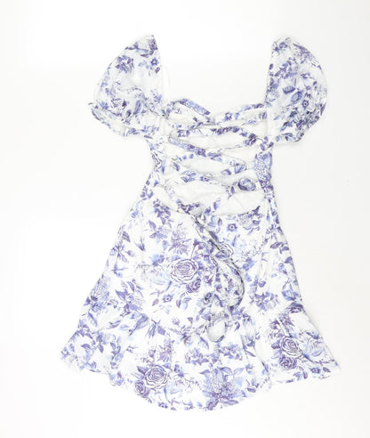 Love Triangle Womens Blue Floral Polyester A-Line Size S Sweetheart Zip - Lace Up Back Frill