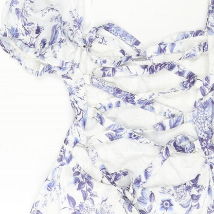 Love Triangle Womens Blue Floral Polyester A-Line Size S Sweetheart Zip - Lace Up Back Frill