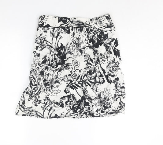 Marks and Spencer Womens White Floral Linen A-Line Skirt Size 10 Zip