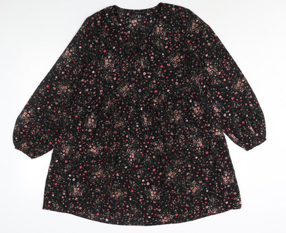 New Look Womens Black Floral Polyester Shift Size 10 V-Neck Button - Smocked