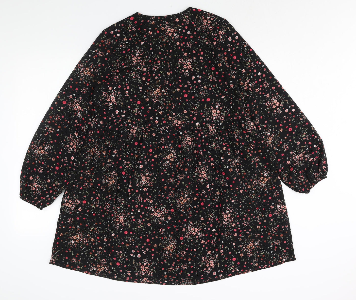 New Look Womens Black Floral Polyester Shift Size 10 V-Neck Button - Smocked