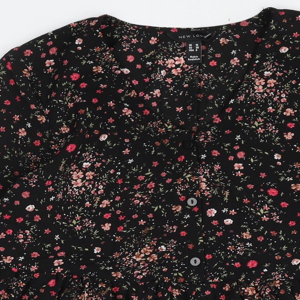 New Look Womens Black Floral Polyester Shift Size 10 V-Neck Button - Smocked