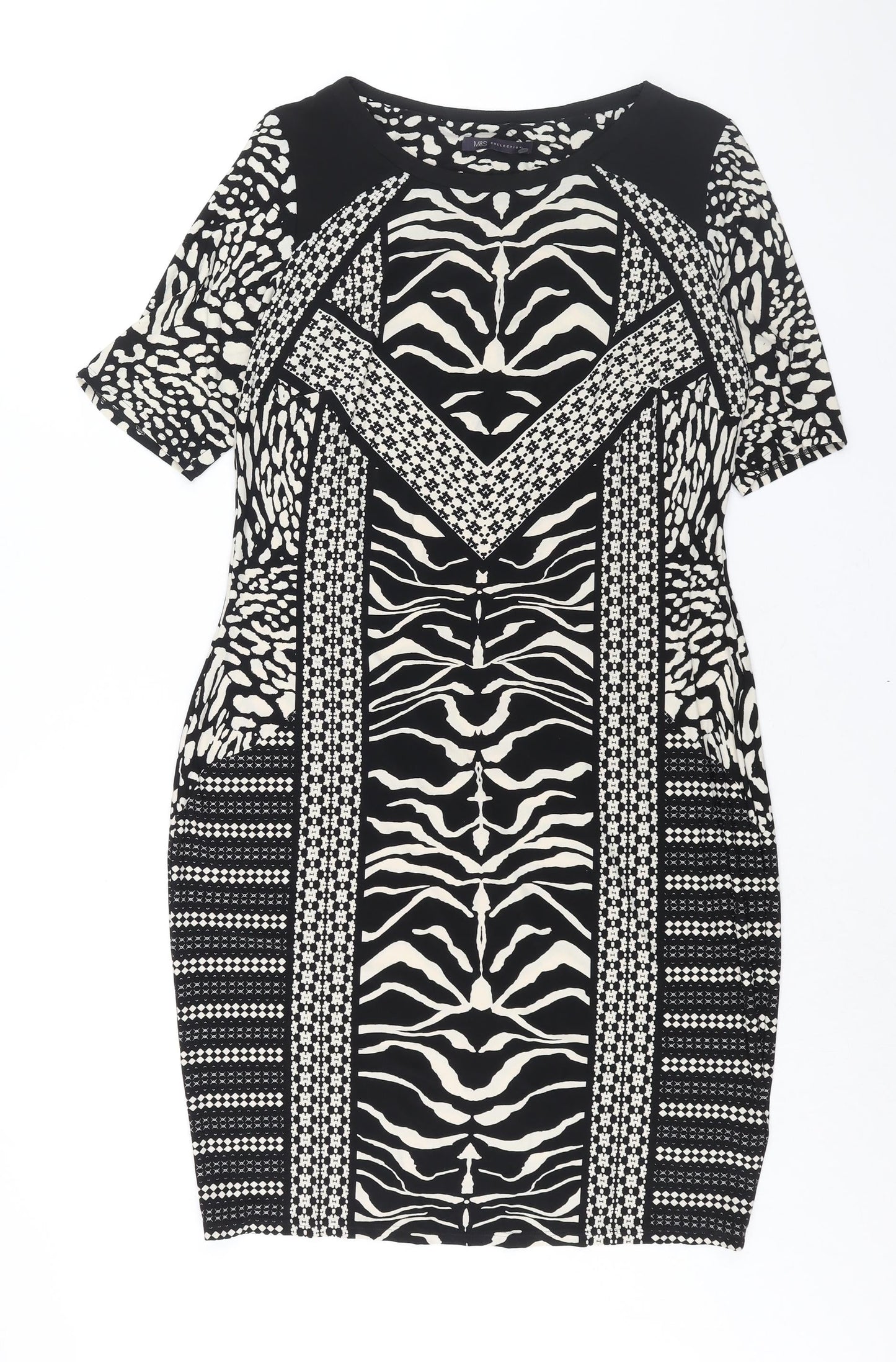 Marks and Womens Black Geometric Polyester Bodycon Size 14 Round Neck Pullover