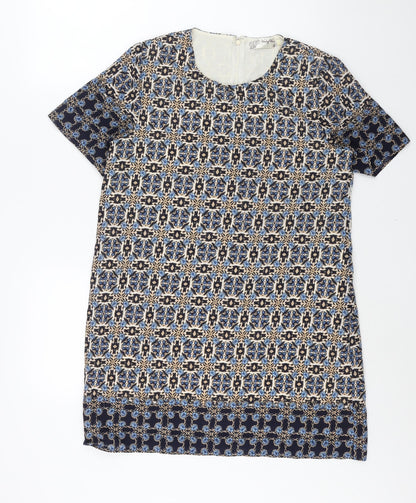 Voulez-Vous Womens Blue Geometric Polyester Shift Size 12 Round Neck Zip