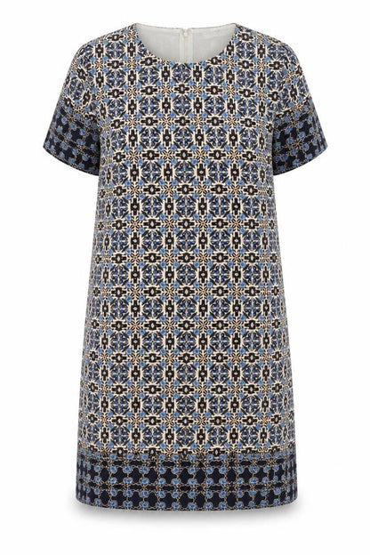 Voulez-Vous Womens Blue Geometric Polyester Shift Size 12 Round Neck Zip