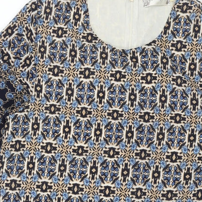Voulez-Vous Womens Blue Geometric Polyester Shift Size 12 Round Neck Zip