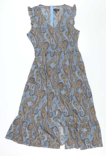 QED London Womens Multicoloured Paisley Polyester Maxi Size 14 V-Neck Zip - Front Slit Frill