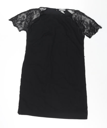 H&M Womens Black Polyester Shift Size 10 Round Neck Button - Lace Sleeve